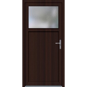 Kunststoff-Nebeneingangstür in Mahagoni-Optik mit Glaselement und Griff. Robuste Tür für Nebeneingänge.