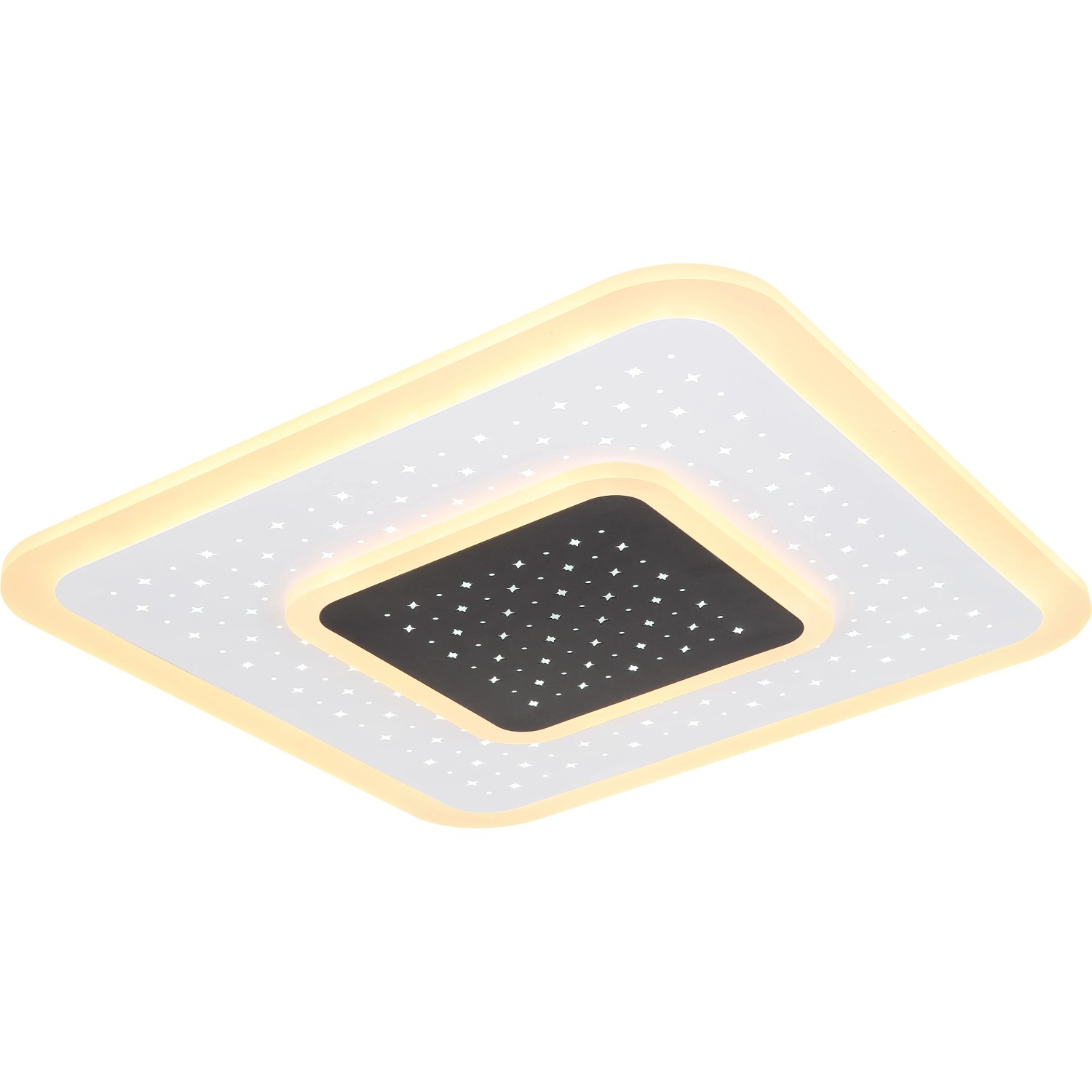 Weiße, dimmbare LED-Deckenleuchte Gisell von Globo, 46x46cm, mit Sternenmuster und Fernbedienung.