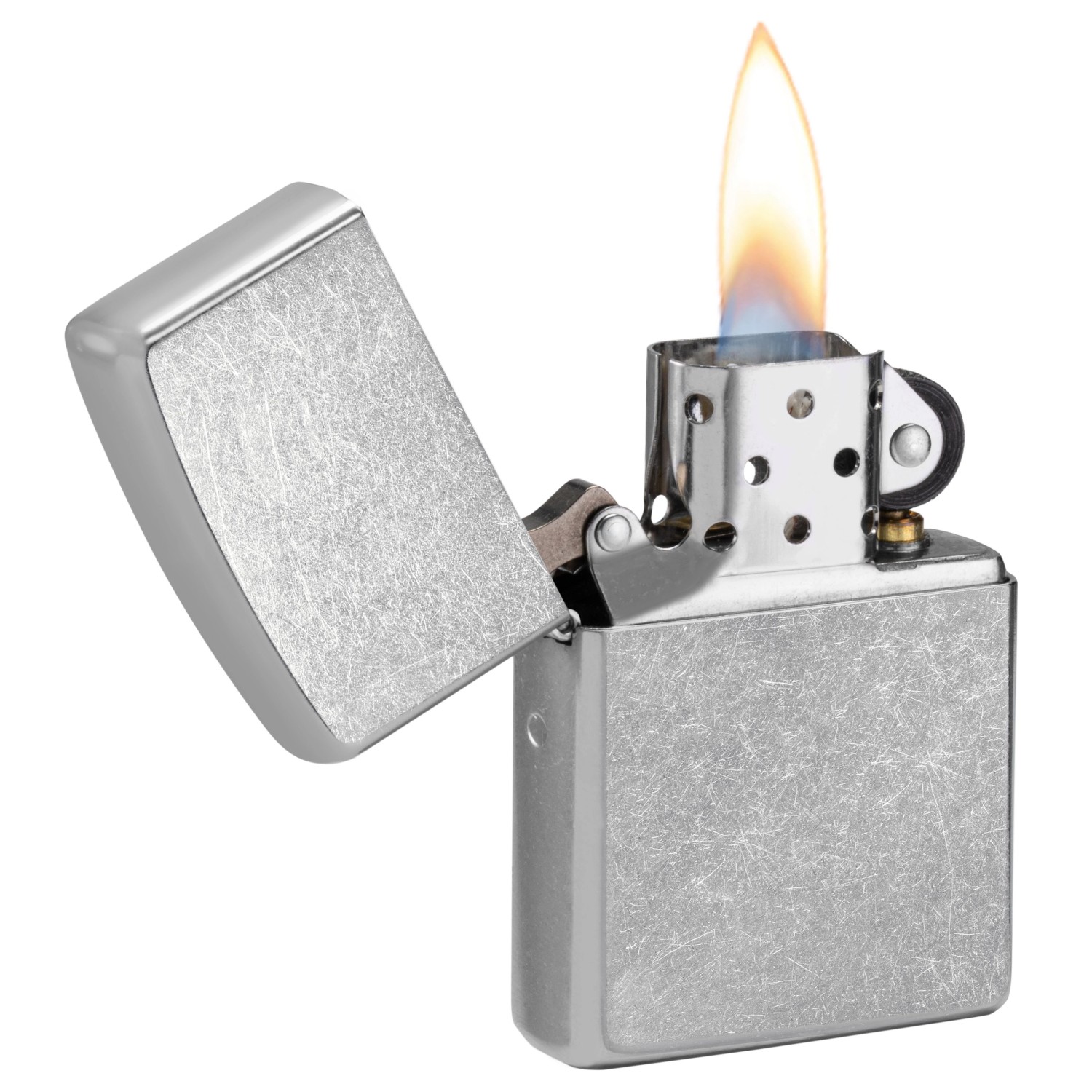 Offenes Zippo Sturmfeuerzeug aus Metall mit Flamme. Haushaltshelfer für den täglichen Gebrauch.