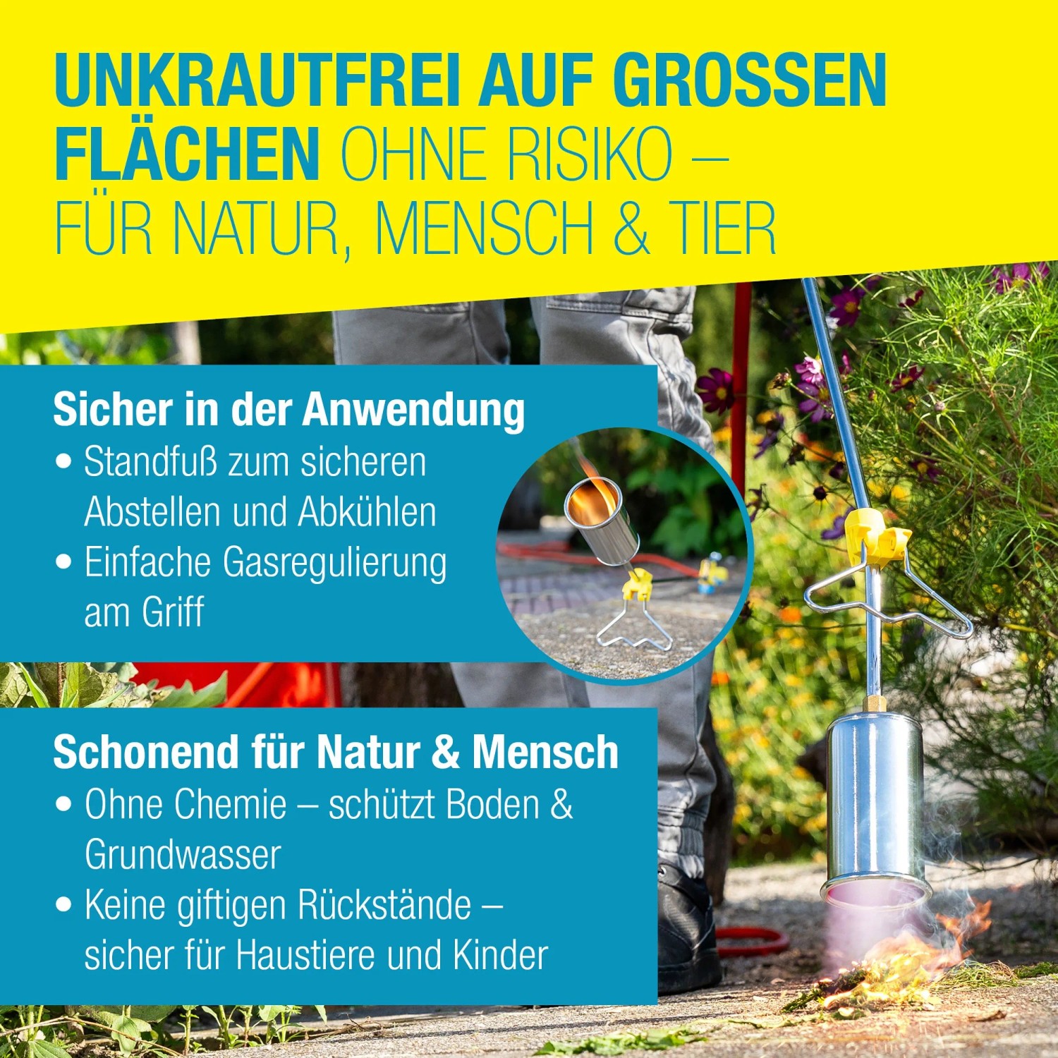 Gloria Thermoflamm bio Professional Plus Unkrautbrenner mit Schlauch im Einsatz.
