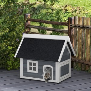 PawHut Katzenhaus mit Asphaltdach, grau-weiß, Katze kommt heraus.