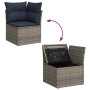 vidaXL Garten-Sofagarnitur, graues Rattan, mit Staufach und Kissen. Ecksofa und geöffnetes Staufach dargestellt.