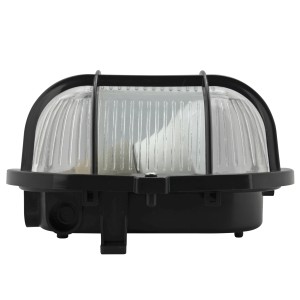 Schwarze e2 elektro LED-Ovalleuchte mit Kunststoffkorb, 18,5x12,5x11cm, für Keller und Außenbereich.