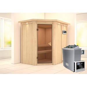 Karibu Sauna-Set Cleo mit Ofen, Steuerung und Dachkranz. Massivholzsauna aus Fichte mit Glastür.