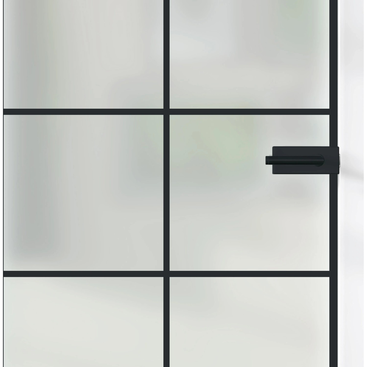Glasdrehtür mit satiniertem Siebdruck und schwarzem Rahmen, DIN links.