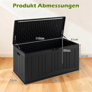 Schwarze Costway Gartenbox 300L mit offenem Deckel und Maßangaben.