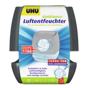 UHU Luftentfeuchter Ambiance Turbo Tab, anthrazitfarbener Container zur Reduzierung der Luftfeuchtigkeit.