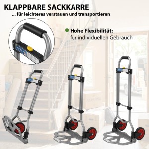 Klappbare, höhenverstellbare Sackkarre TRUTZHOLM mit 60 kg Traglast, silbernem Stahlrahmen und roten Rädern, in verschiedenen Positionen.