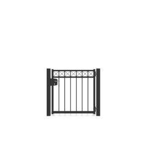 Anthrazitgraue Gartentür Oldenburg mit Kreuz-Design, 103x123cm, Öffnungswinkel 180°.