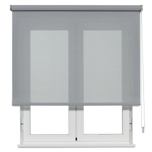 Perlgraues Viewtex Seitenzugrollo Screen, 180x190 cm, vor Fenster montiert.