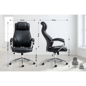 CLP Bürostuhl Salford in Schwarz, Echtleder, Chromgestell. Ergonomisch, drehbar, höhenverstellbar. Maße sichtbar.