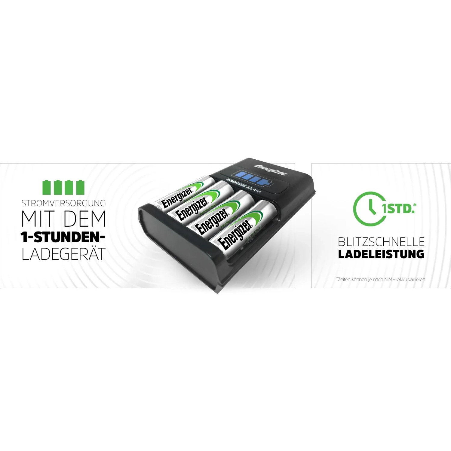 Energizer Schnell-Ladegerät mit 4 AA Akkus. Ladestation für NiMH Akkus, lädt in 1 Stunde.