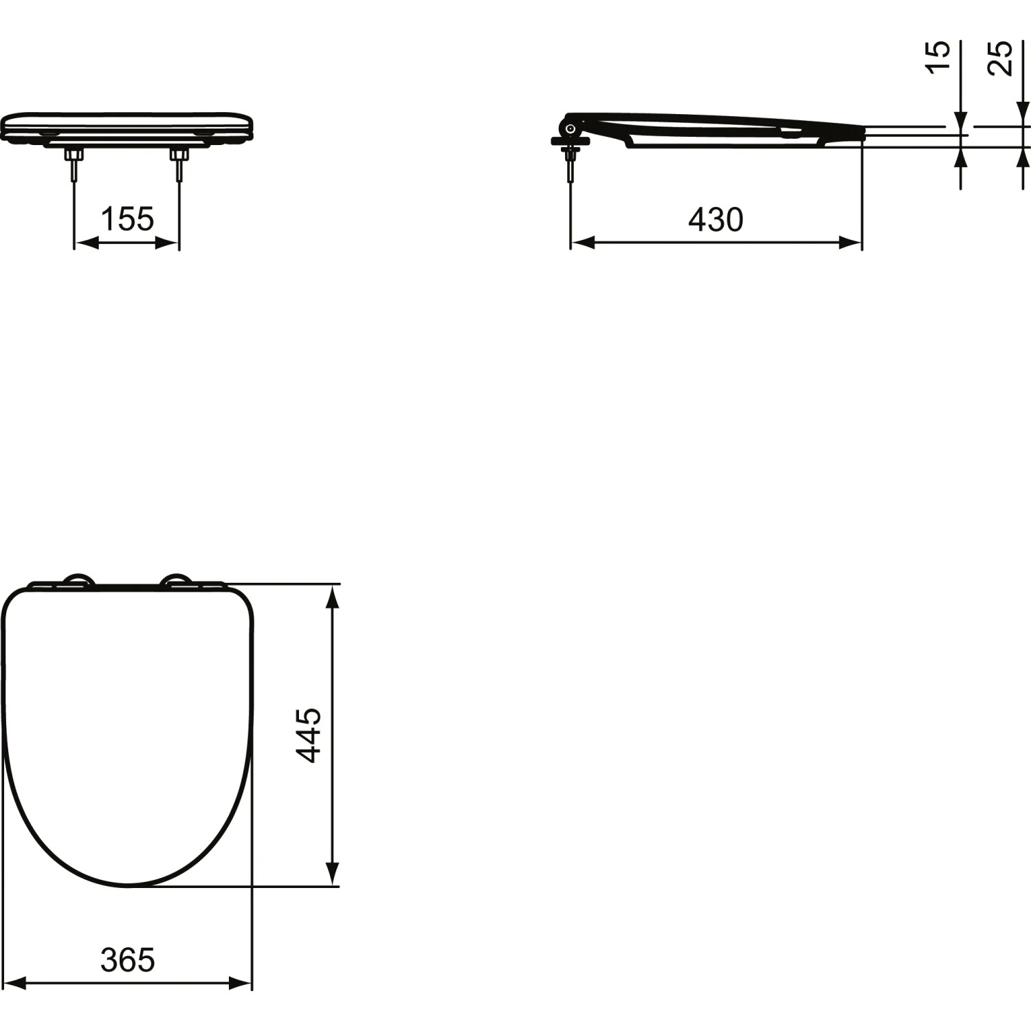 Technische Zeichnung: Ideal Standard i.life A WC-Sitz Sandwich, weiße Duroplast-Ausführung, Maße und Details.
