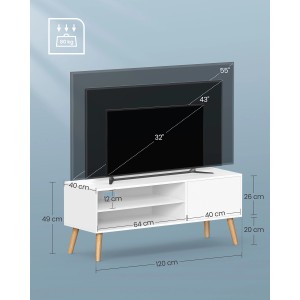 Weißer Vasagle TV-Schrank im Industrie-Design mit Maßen und TV Größenangabe.