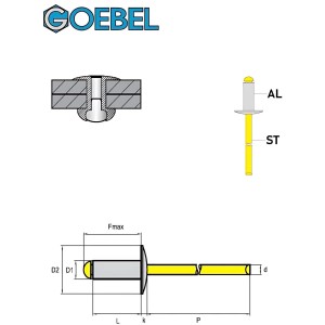GOEBEL Blindniete 5,0x18,0mm Großkopf Aluminium/Stahl: Technische Zeichnung mit Maßen und Einbau. Popniete.
