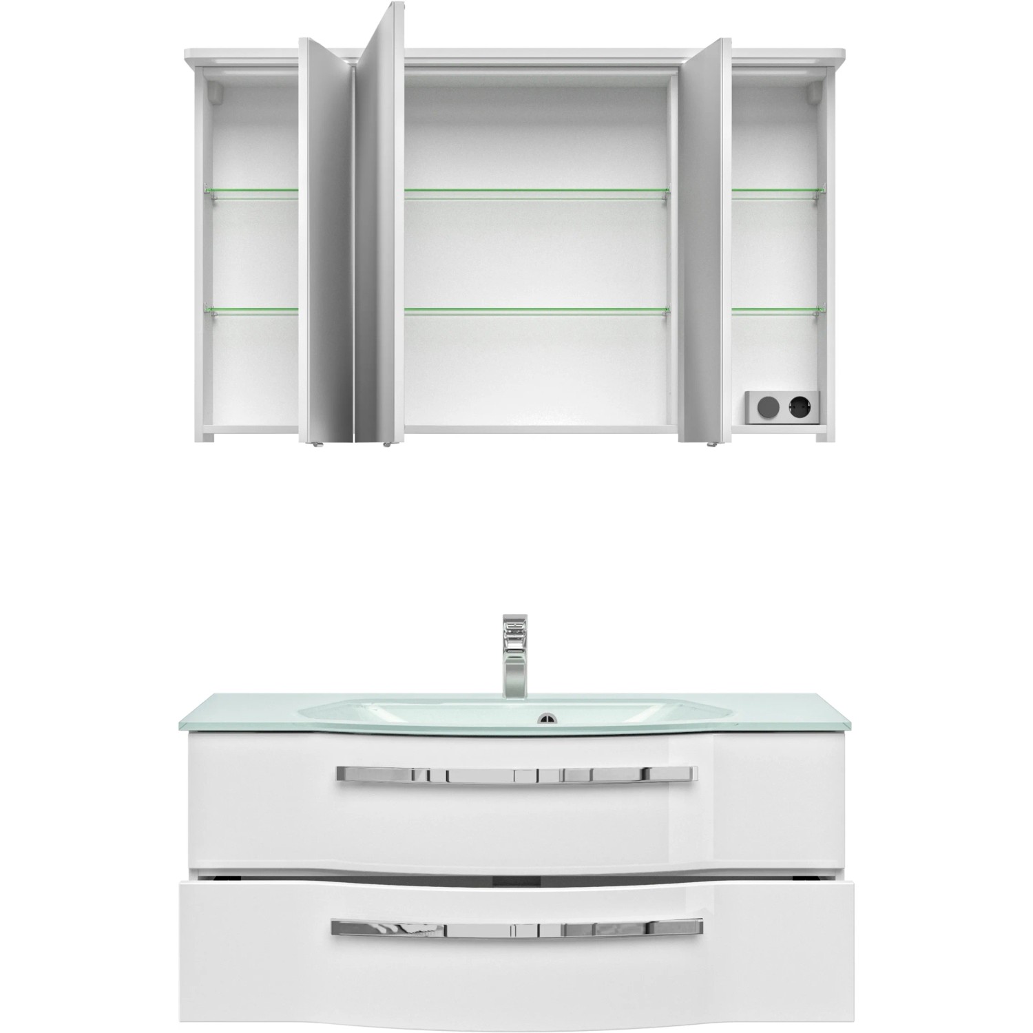 Pelipal Badmöbel-Set Serie 4005, 3-teilig, polarweiß hochglanz mit Glaswaschbecken und Spiegelschrank.