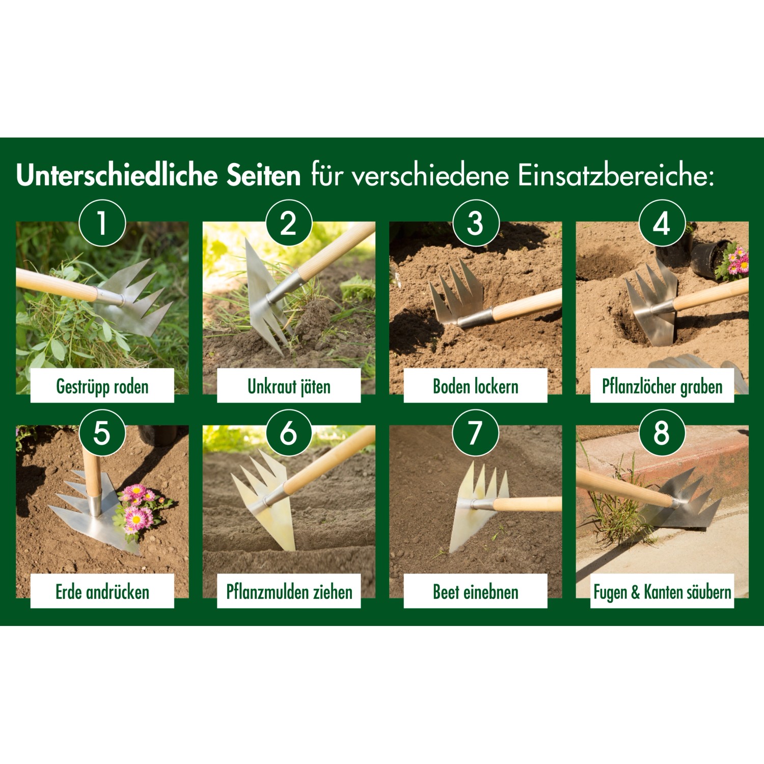 Ruwi Multi-Harke 8in1: Vielseitige Bodenbearbeitung mit Edelstahl-Harke für Gartenarbeiten.