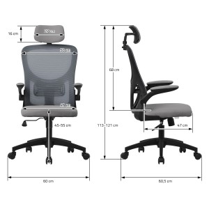 ML-Design Bürostuhl Ergonomisch Grau: Mesh Schreibtischstuhl mit Maßen und Details.