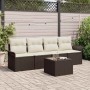 Braunes 5-tlg. vidaXL Garten-Sofa-Set aus Poly Rattan mit Tisch und cremefarbenen Polstern.