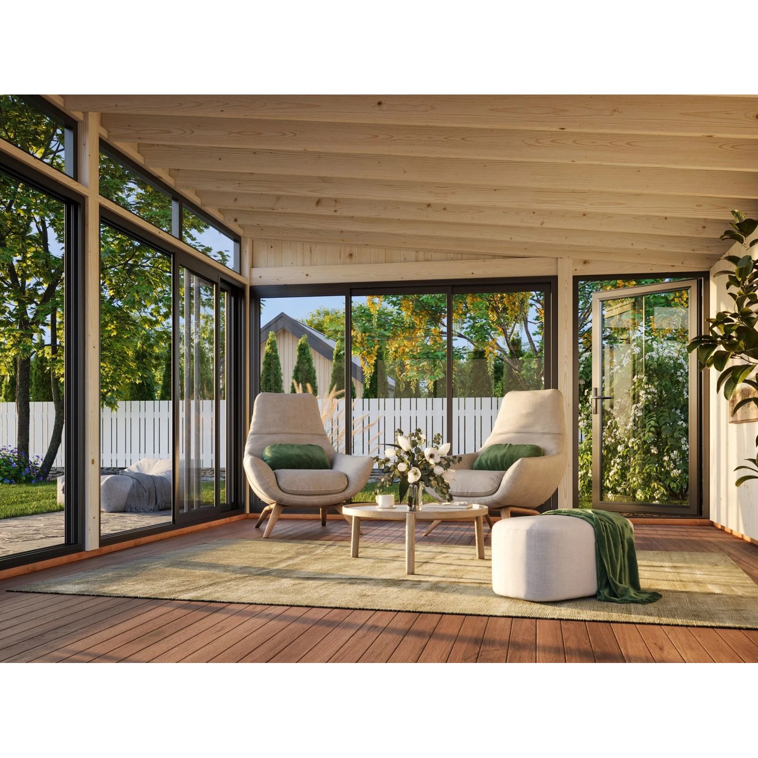 Innenansicht: Palmako Holz-Gartenhaus mit Pultdach, naturbelassen, mit Sitzgruppe. Ideal als Gartenpavillon.