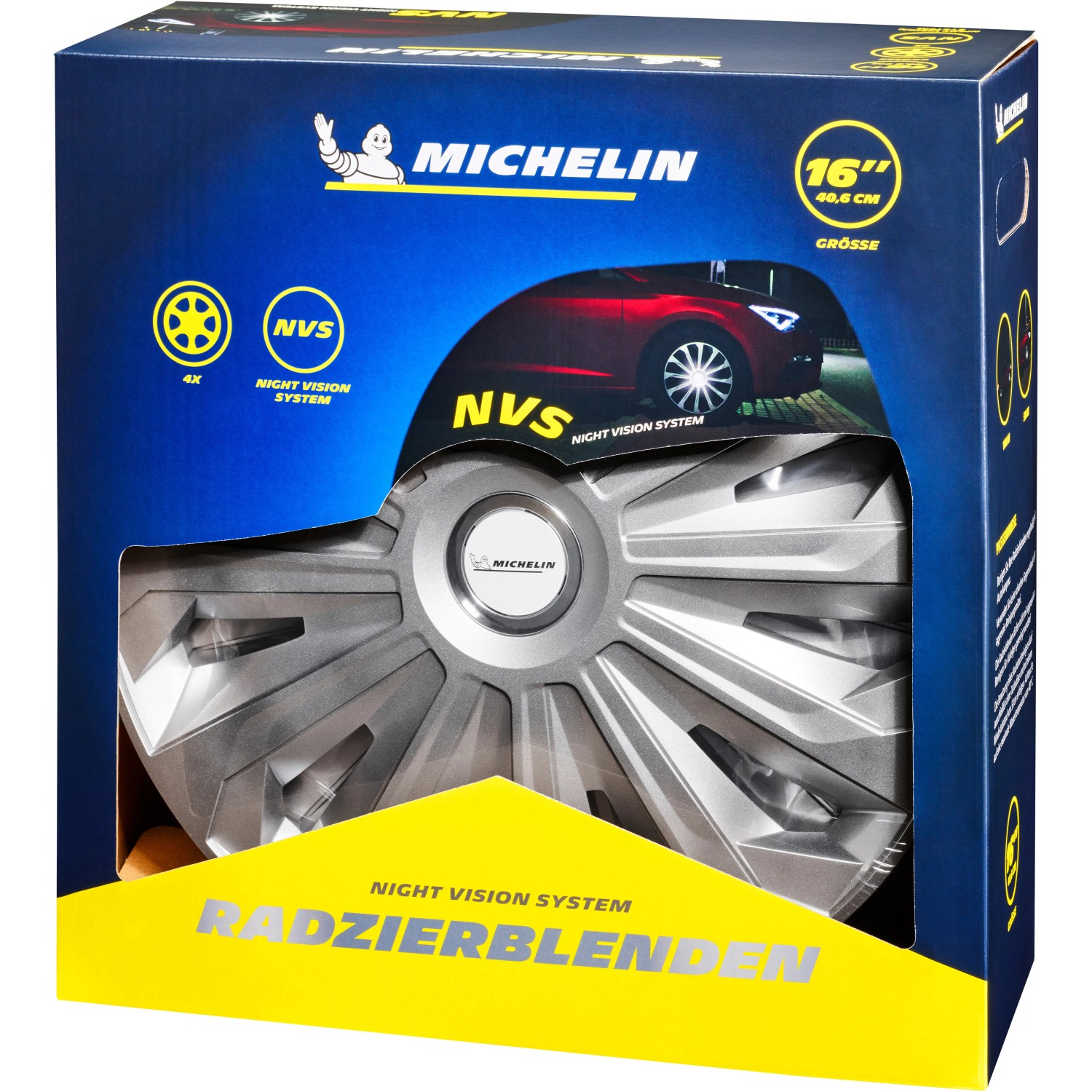 Michelin Radzierblenden Typ Monique Silber, 15 Zoll, im blauen Karton mit Auto-Motiv.