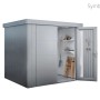 Biohort Gerätehaus Neo 2B, Silber-Metallic, mit offener Standardtür und Blick auf den Innenraum mit Regalen und Gartengeräten.