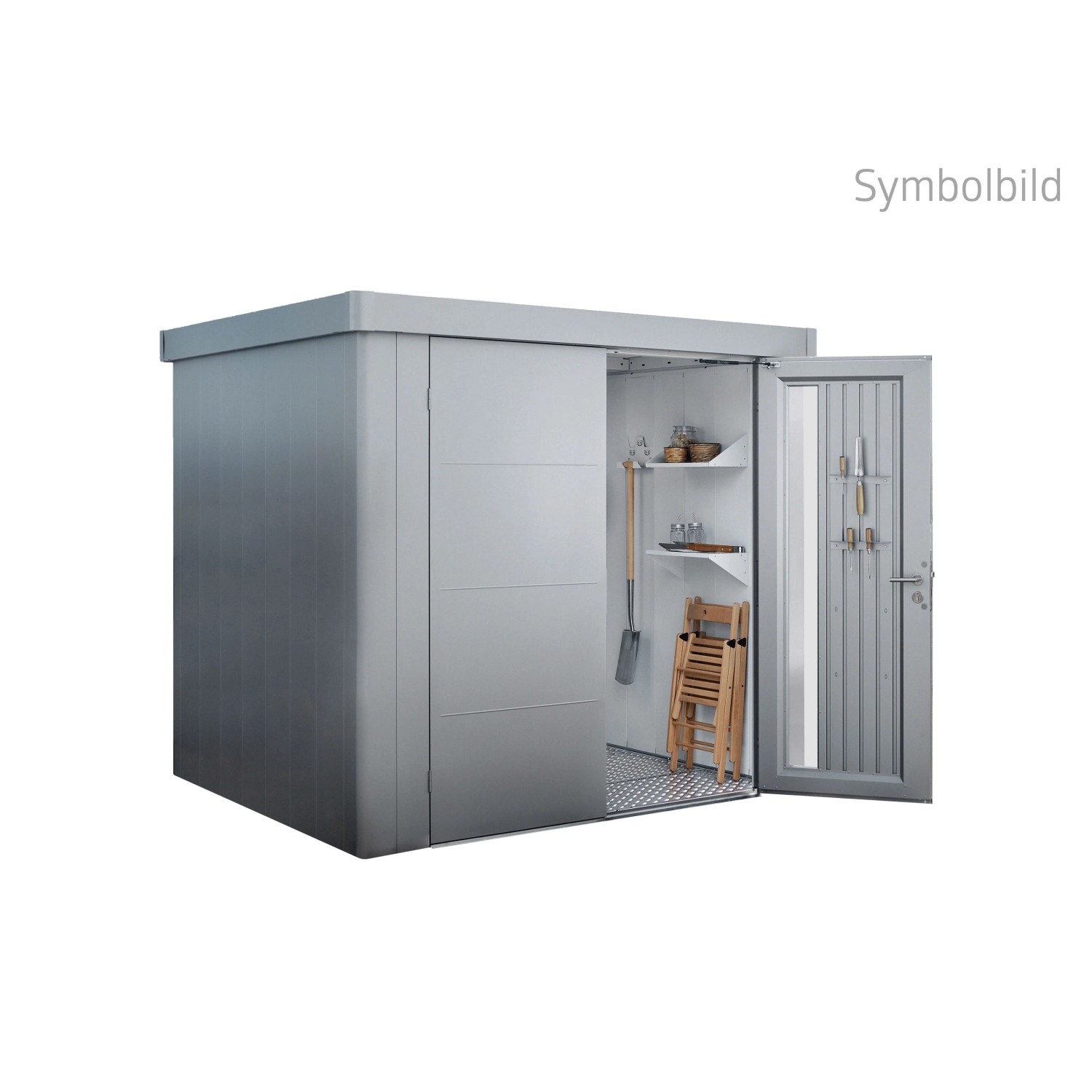 Biohort Gerätehaus Neo 2B, Silber-Metallic, mit offener Standardtür und Blick auf den Innenraum mit Regalen und Gartengeräten.