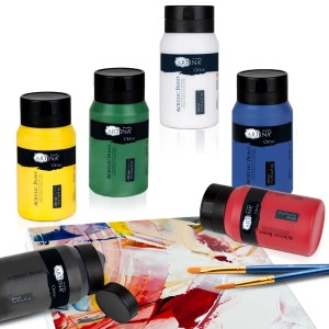 Artina Crylic Acrylfarben Set, 6 Farben (weiß, gelb, grün, rot, blau, schwarz), je 500ml.