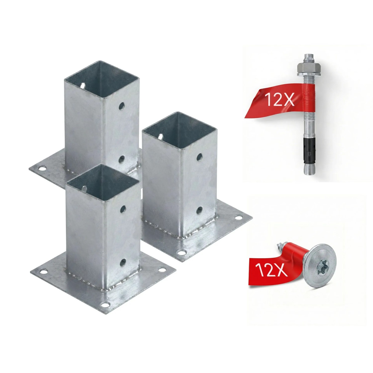 HOLLMAX 3 Stk. Aufschraubhülse/Pfostenträger 71 mm Komplettset Verzinkt Silber für Vierkantpfosten