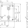 Technische Zeichnung Universal-Kastenschloss Buntbart mit Maßen für Montage und Einbau.