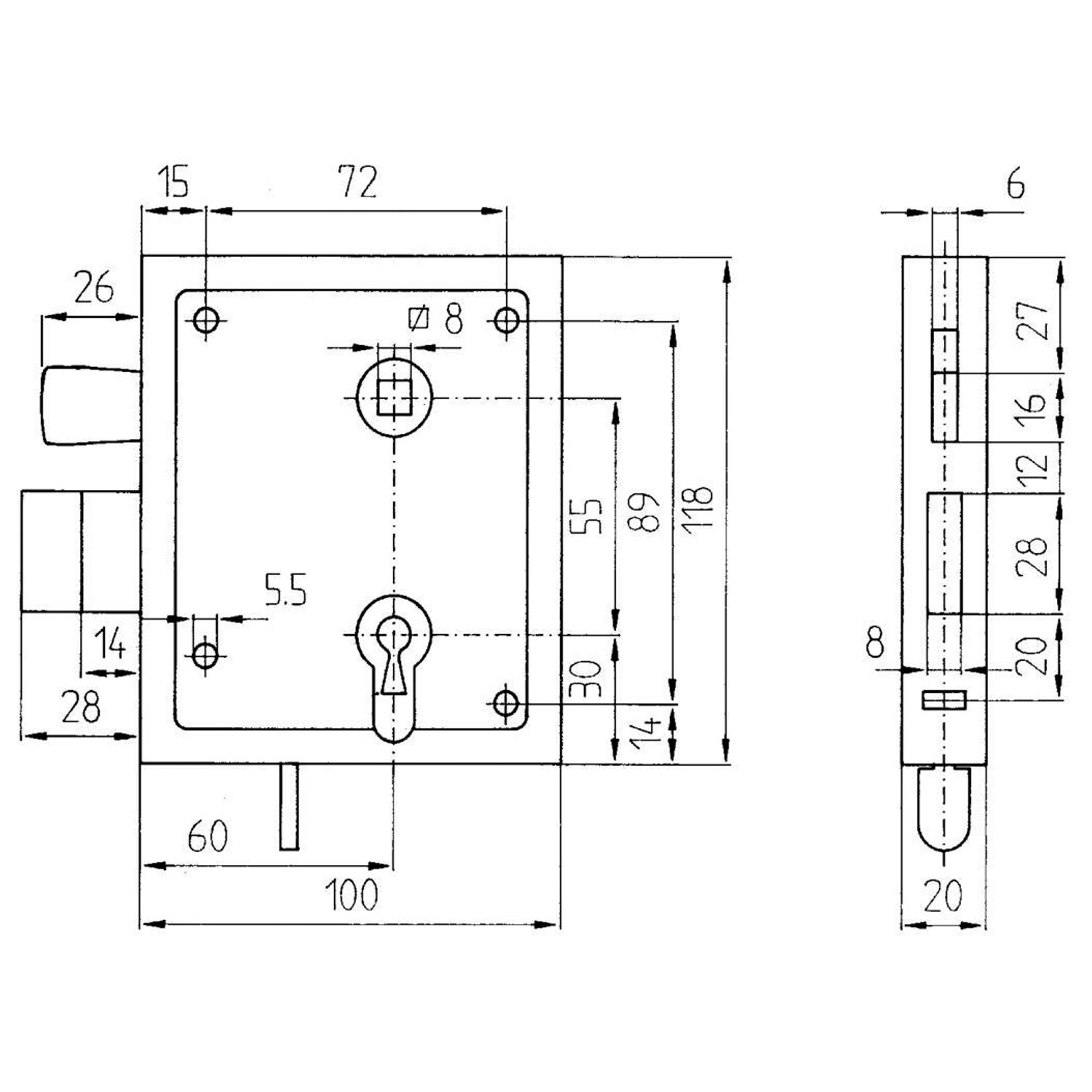 Technische Zeichnung Universal-Kastenschloss Buntbart mit Maßen für Montage und Einbau.