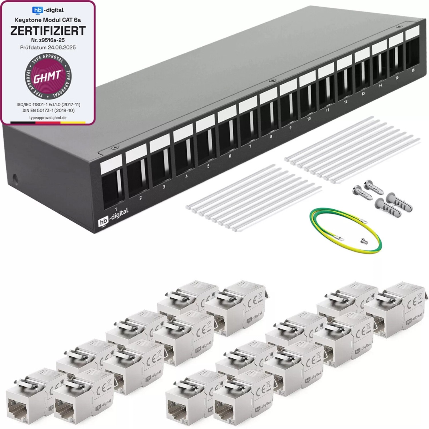 hb-digital Patchpanel 16 Port mit 16x Keystone Module Cat 6a Schwarz