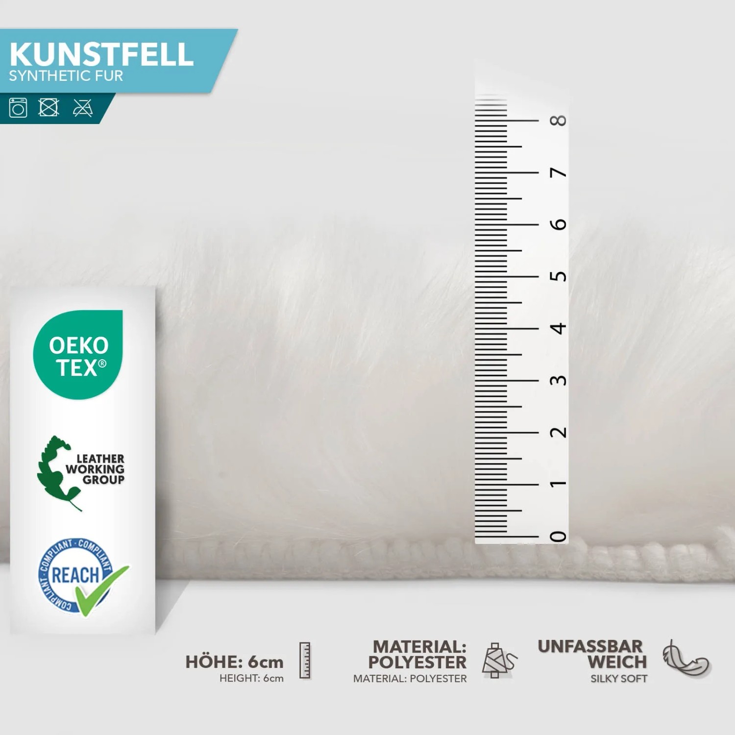 Elfenbeinfarbenes KARAT Kunstfell Nelly, flauschiges Dekofell aus Polyester mit 6cm Florhöhe.