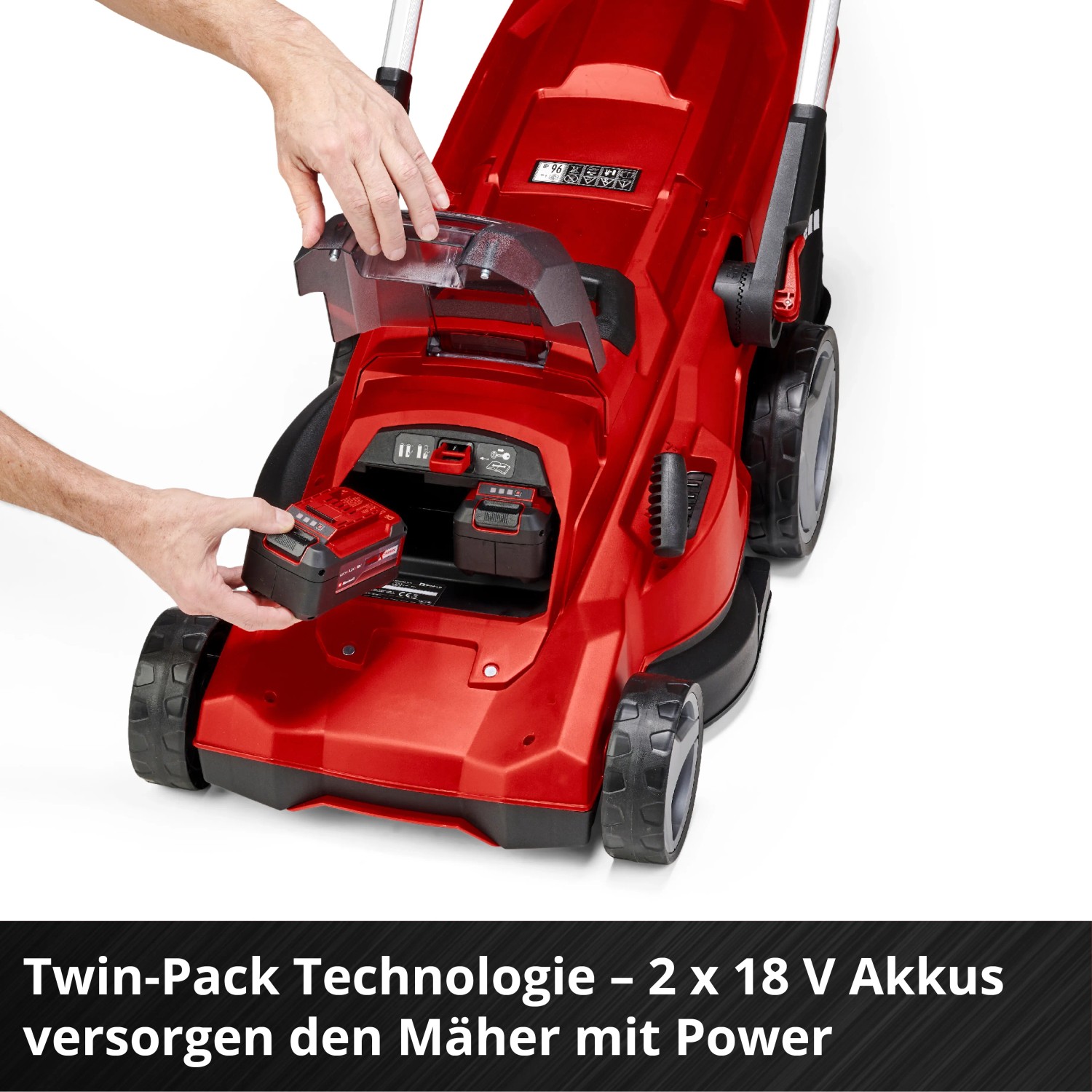 Einhell Akku-Rasenmäher Rasarro 36/42 mit eingesetzten Akkus. Rot.