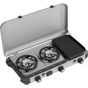 Campingaz Gaskocher Camping Kitchen 2 Multi Cook mit Grillplatte und zwei Brennern.
