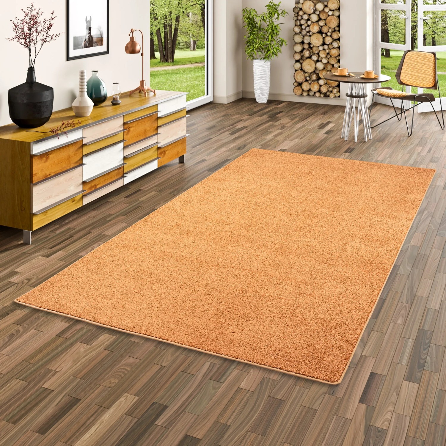 Hochflor Teppich Luna in Terrakotta, 200x250 cm. Weicher Velours Teppich für Wohnräume.