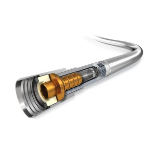 Hansgrohe Isiflex Brauseschlauch, 160 cm, Chrom, mit Querschnitt zur Detailansicht.