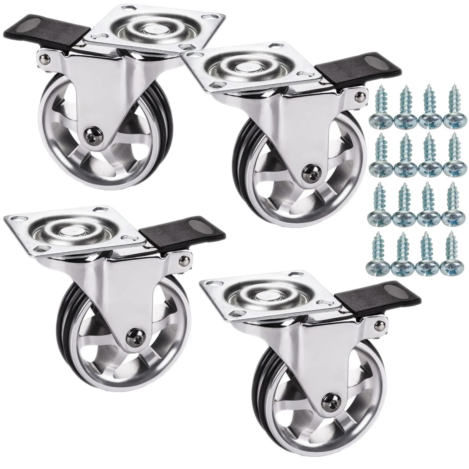 SOTECH 4 Stück Möbelrolle BOBBY Ø75 mm Aluminiumrad mit Bremse inkl. Schraubenset