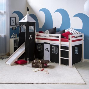Weißes Homestyle4u Hochbett mit Rutsche, Turm und Piraten-Vorhang (90x200).