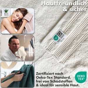 Weißes KARAT Handtuch Bay aus Baumwolle, 49x98cm, mit Nutzungsszenarien und Oeko-Tex Zertifikat.