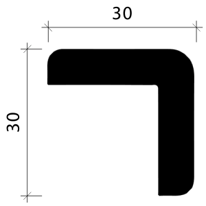 Musterstück: Schwarzes Kantenschutz-Profil, L-Form, 30x30 mm, zur Ansicht der Leiste.