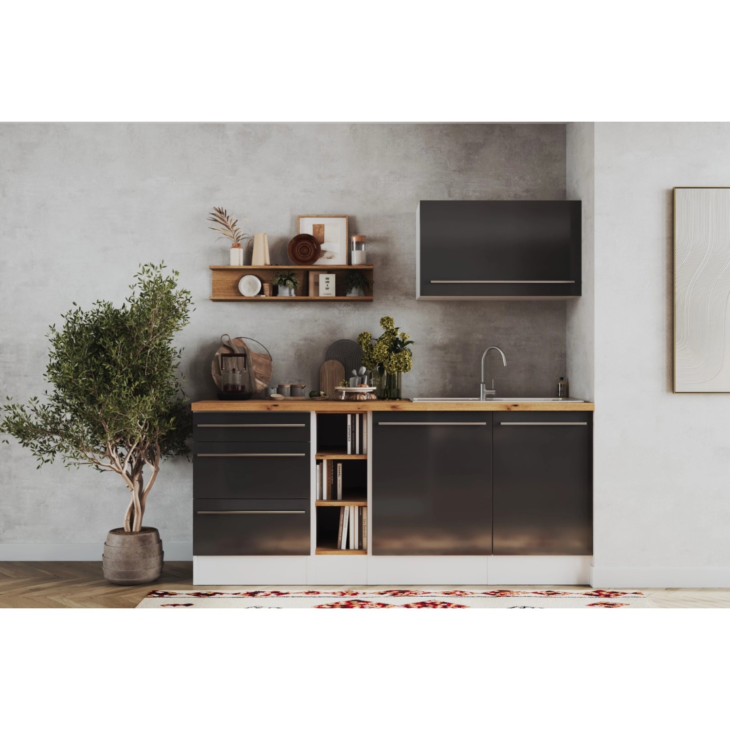 Respekta Inselküche Gabriel 320 cm in Grau Hochglanz mit E-Geräten.