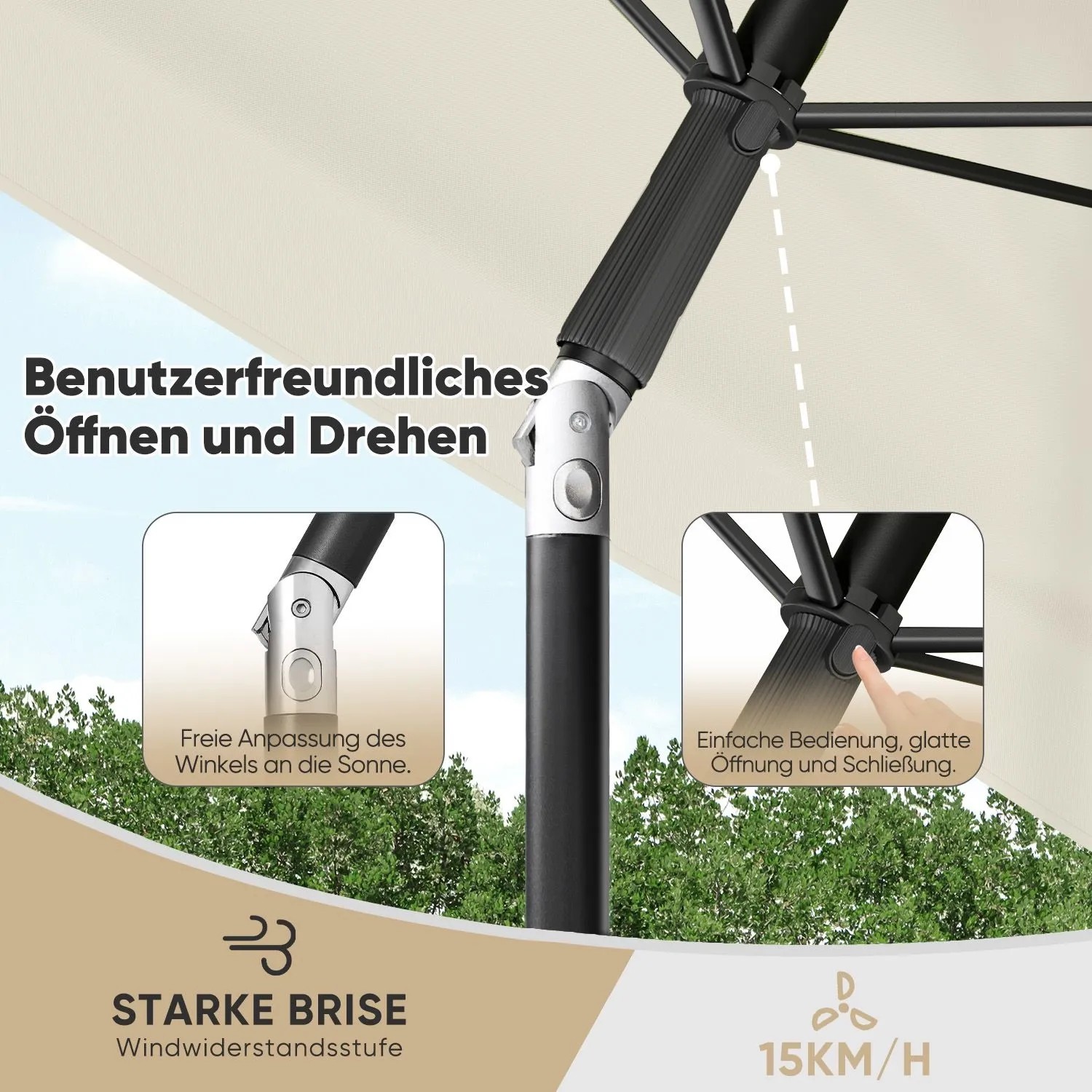 Sekey Balkonschirm: Rechteckiger Sonnenschirm mit Höhenverstellung und Schutzhülle, Detailansicht Mechanismus.