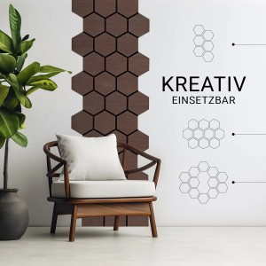 Homestyle4u Akustikpaneele: 8 braune Wandpaneele in Hexagon-Form, Holzoptik.