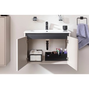 Fackelmann Waschtisch-Set Compact Line, 71 cm, Eiche Dekor mit geöffneten Türen und Innenleben.