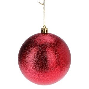 Rote Weihnachtskugel aus Kunststoff, 12 cm Durchmesser, mit geprägter Oberfläche und goldener Aufhängung.
