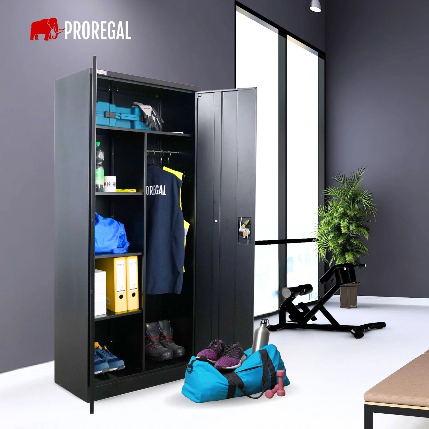 PROREGAL Flügeltürenschrank ELEPHANT Mit 2 Türen Abschließbar HxBxT 180x80x40cm 6 Fächern & Kleiderstange Stahl Pulverbeschichtet Schwarz Spind_6