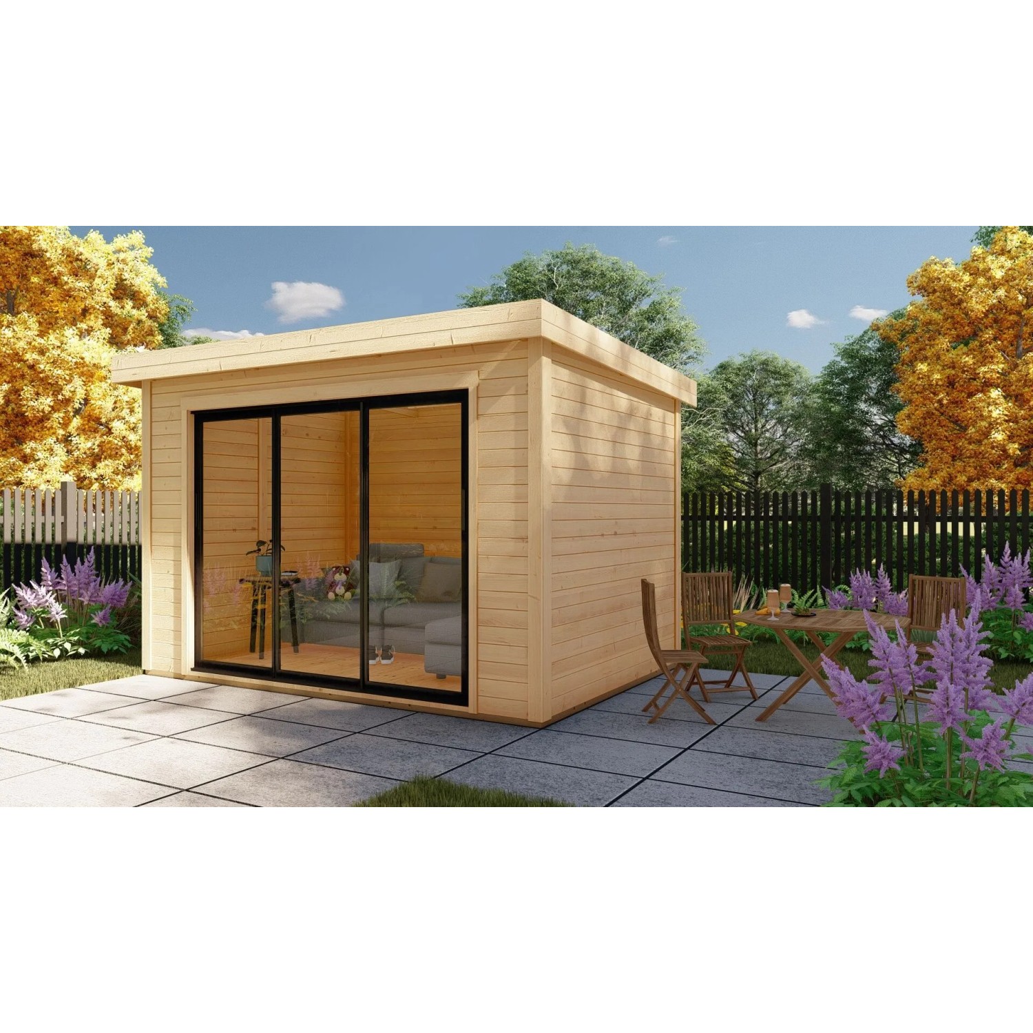 Finn Art Blockhaus 28mm Flachdach Gartenhaus Holz 3,6x3,65m Sydney 54 mit Schiebetür  Premium Dachbahn  28mm Fußboden