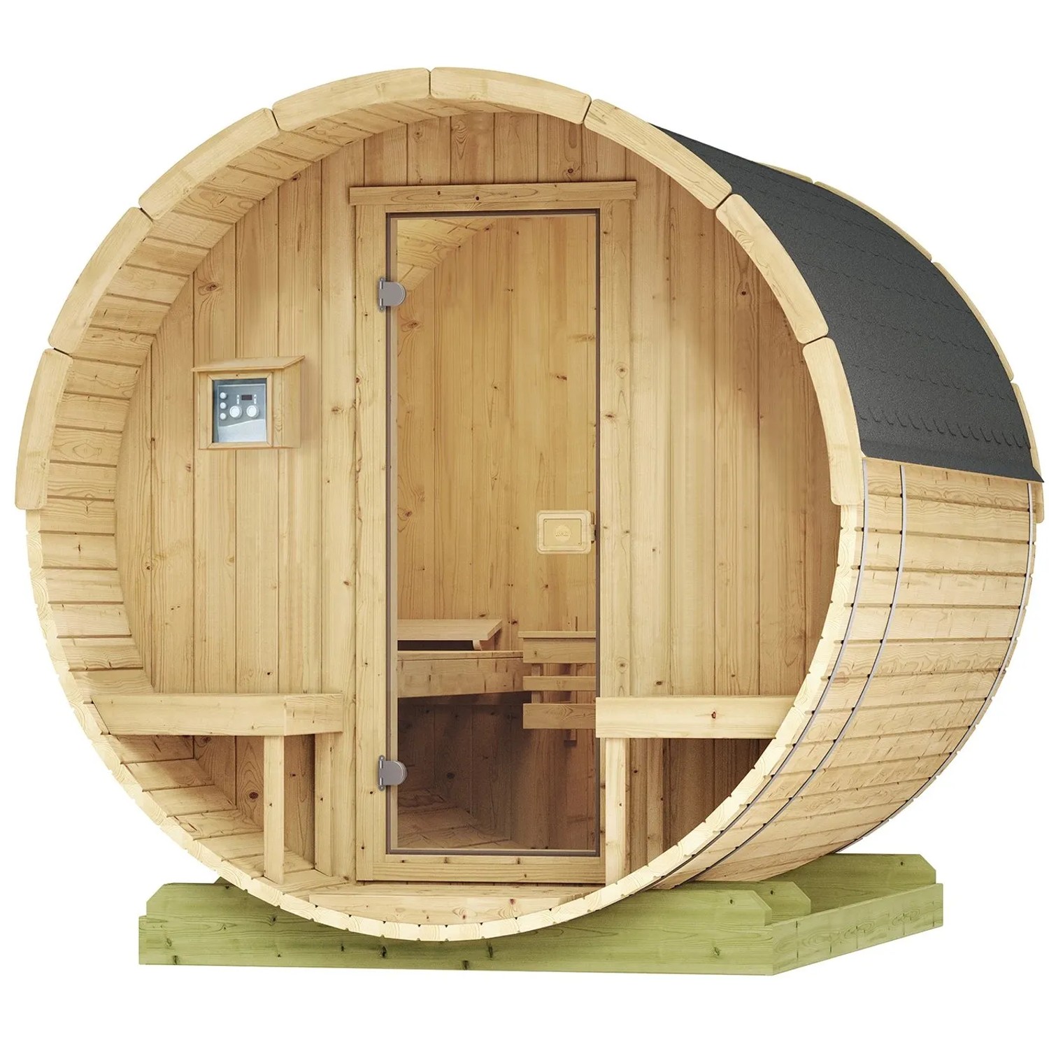 Weka Fasssauna 198 Sparset mit 9 kW Ofen, runde Holzsauna mit Glastür und Bänken.