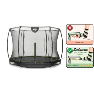 Schwarzes EXIT Silhouette Bodentrampolin (D366cm) mit Sicherheitsnetz und Fußschutzsystem.